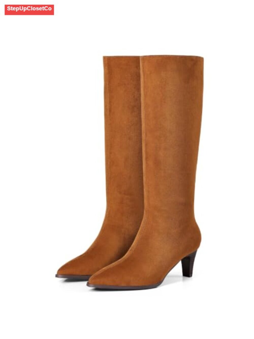 Kitten Low Heel Knee High Tall Boots Womens Pointed Toe Slip On Faux Suede